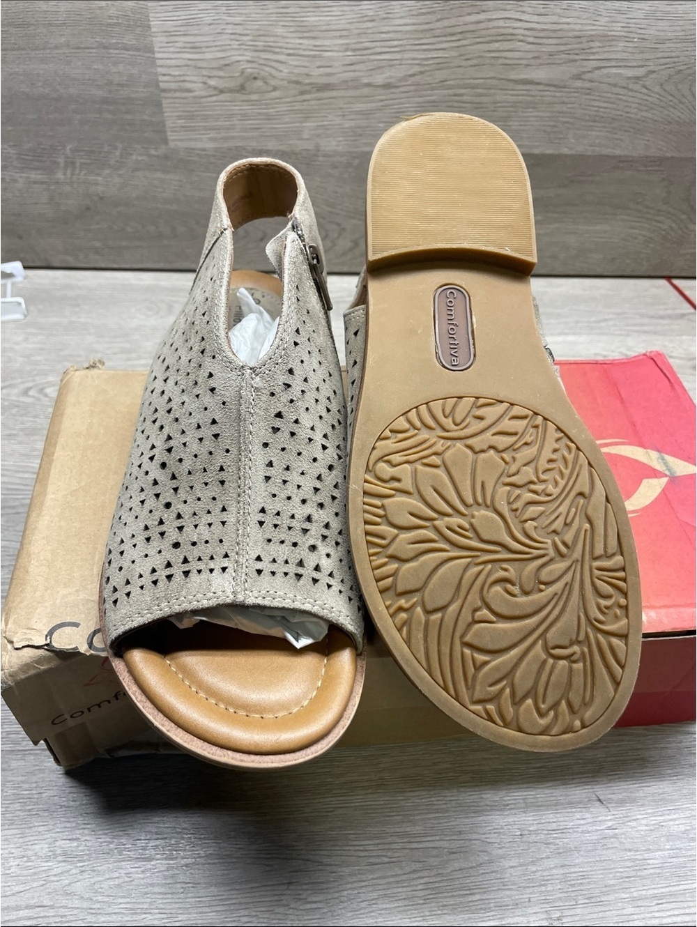 Comfortiva Taupe Perforated Open-Toe Slingback Sandals #153